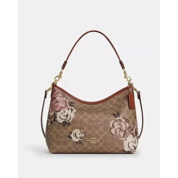 NWT Coach Laurel Shoulder Bag Signature Canvas Rose Print Brown Handbag Medium - Picture 1 of 4